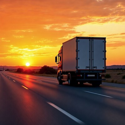 Red Truck Driving at Sunset