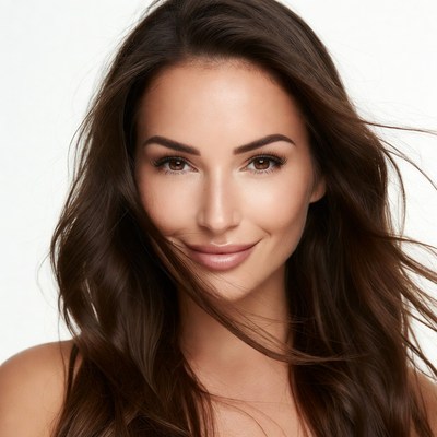 Smiling woman with flowing brown hair