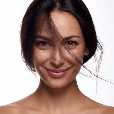 Smiling Woman with Flowing Black Hair