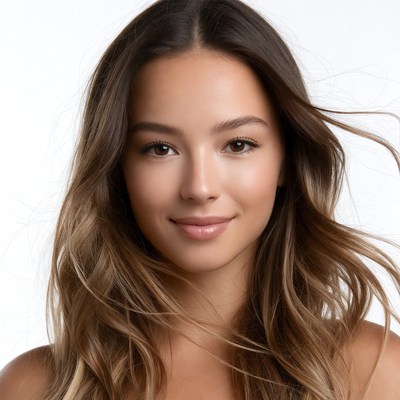 Smiling woman with flowing brown hair