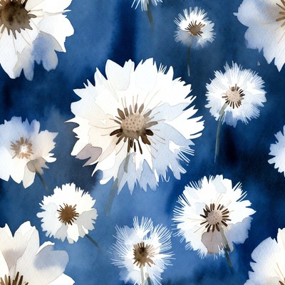 White Daisies on Blue Watercolor Background