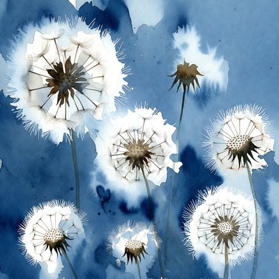 Watercolor dandelion flowers on blue