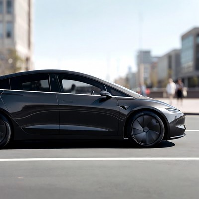 Black Tesla car on urban street