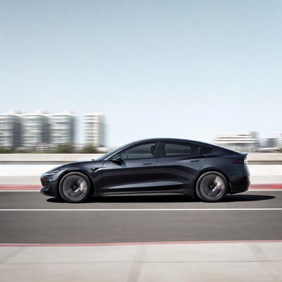 Black Tesla Model S speeding on highway