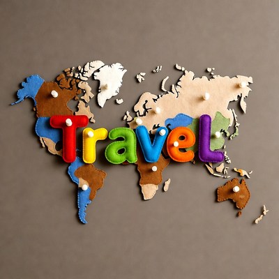 Colorful Felt Travel Letters on World Map