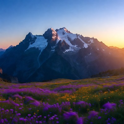 Snowy Mountain Peak over Wildflower Meadow