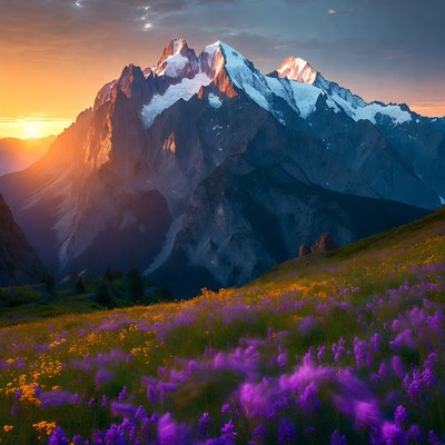 Snowy Mountains at Sunset with Wildflowers