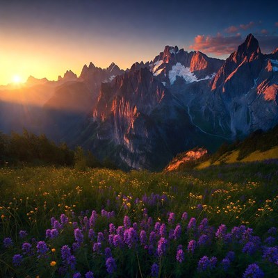 Sunset over mountains with wildflowers