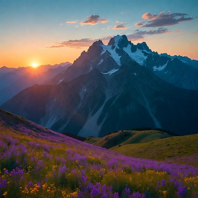 Sunset over snowy mountains and wildflowers