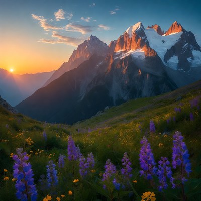 Sunset over snowy mountains with wildflowers