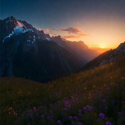 Sunset over snowy mountains and wildflowers