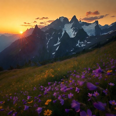 Sunset over snowy mountains and wildflowers