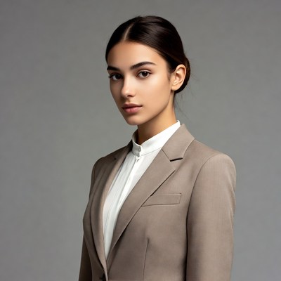 Young woman in beige blazer suit