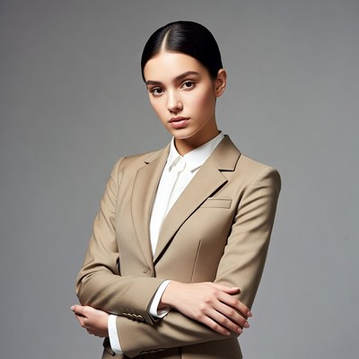 Asian woman in beige blazer arms crossed