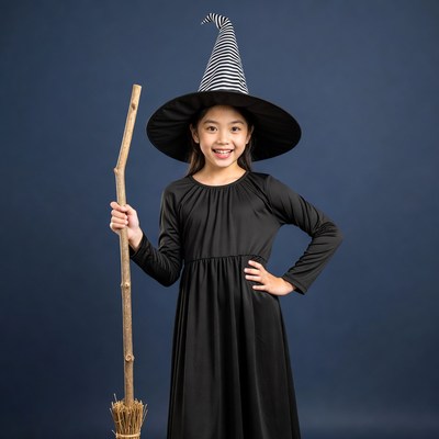 Asian girl in witch costume with broom