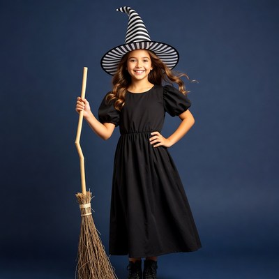 Girl in witch costume with broom