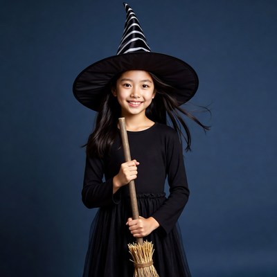 Asian girl in witch costume with broom