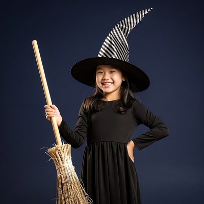 Asian girl in witch costume with broom