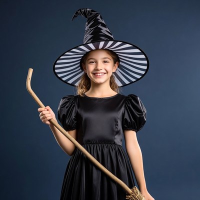 Girl in witch costume with broom