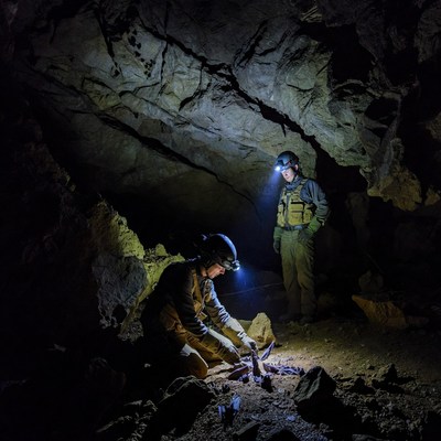 Two cavers exploring dark cave