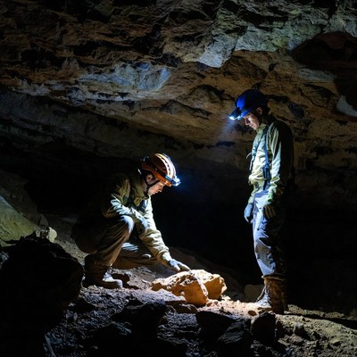 Two men caving examining rock