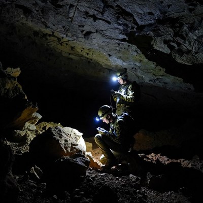 Two men caving with headlamps