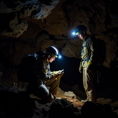 Two men caving with headlamps