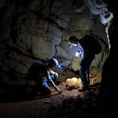 Two cavers exploring cave with headlamps