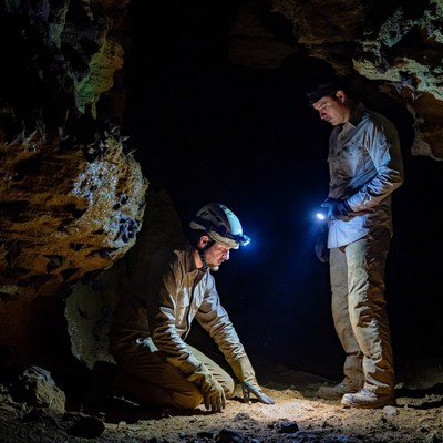Two men caving with headlamps