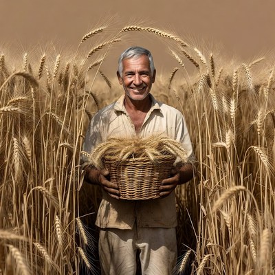 Smiling man holding wheat basket