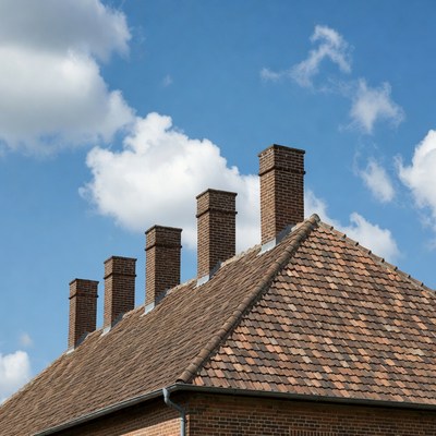 Brick Chimneys on Rooftop with Blue Sky