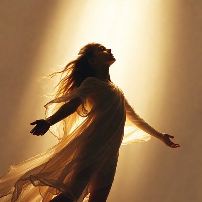 Woman in flowing dress with arms outstretched