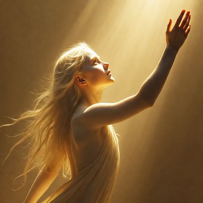 Blonde woman reaching toward golden light