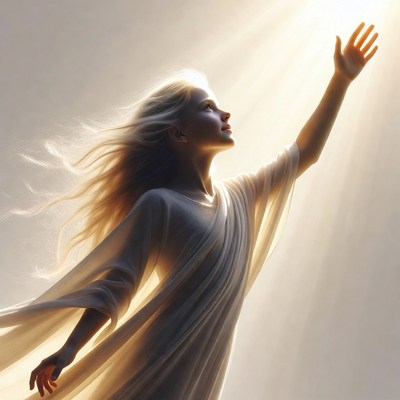 Blonde woman reaching toward divine light