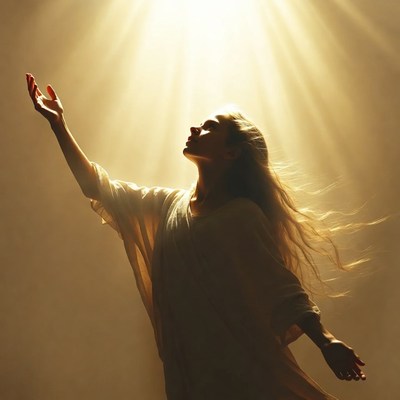 Woman raising arms in golden light