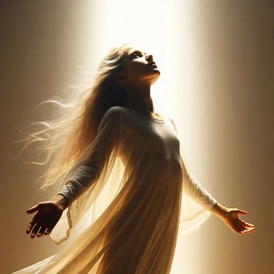 Blonde woman in white dress with light beam