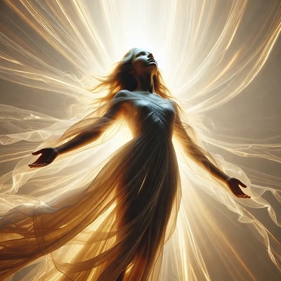 Blonde woman in golden light rays