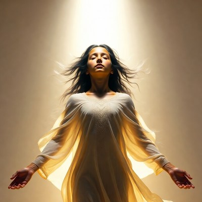 Woman in flowing white dress with arms outstretched