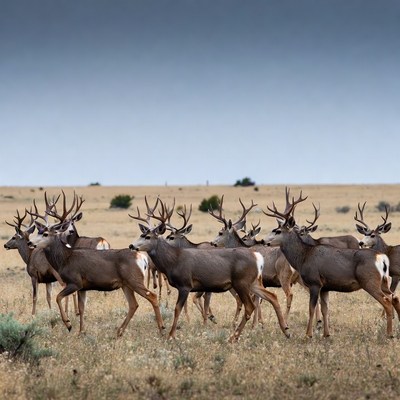 Herd of Mule Deer Bucks in Grassland