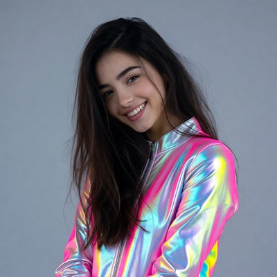 Smiling woman in shiny pink jacket