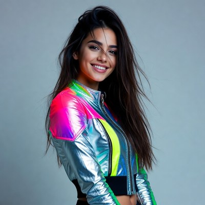 Smiling woman in shiny neon jacket