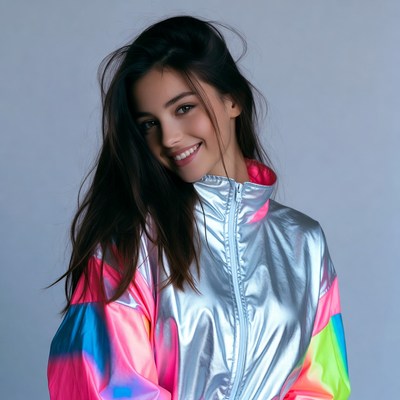 Smiling woman in shiny colorful jacket