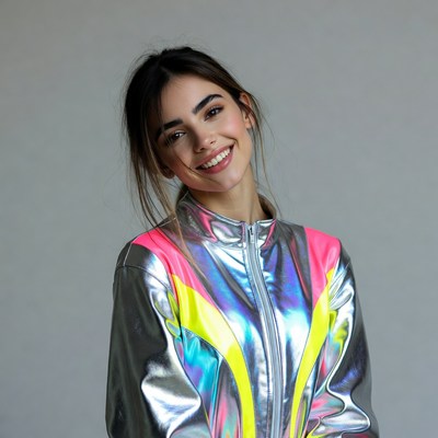 Smiling woman in shiny jacket