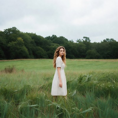 Woman in white dress in green field