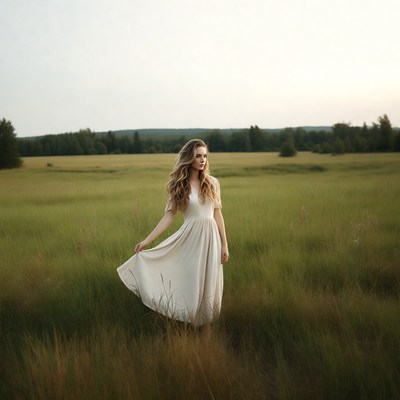 Woman in white dress in green field