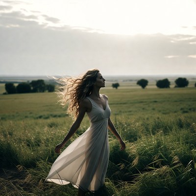 Woman in white dress in grassy field