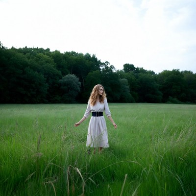 Woman in white dress in green field