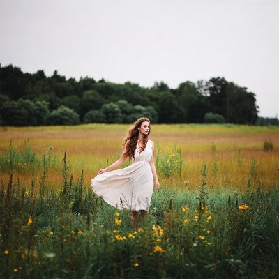 Woman in white dress in golden field