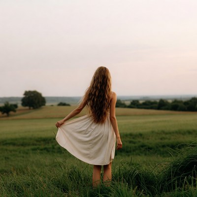 Woman twirling white dress in field