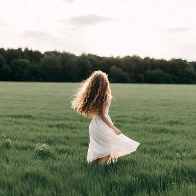 Woman in white dress twirling in field